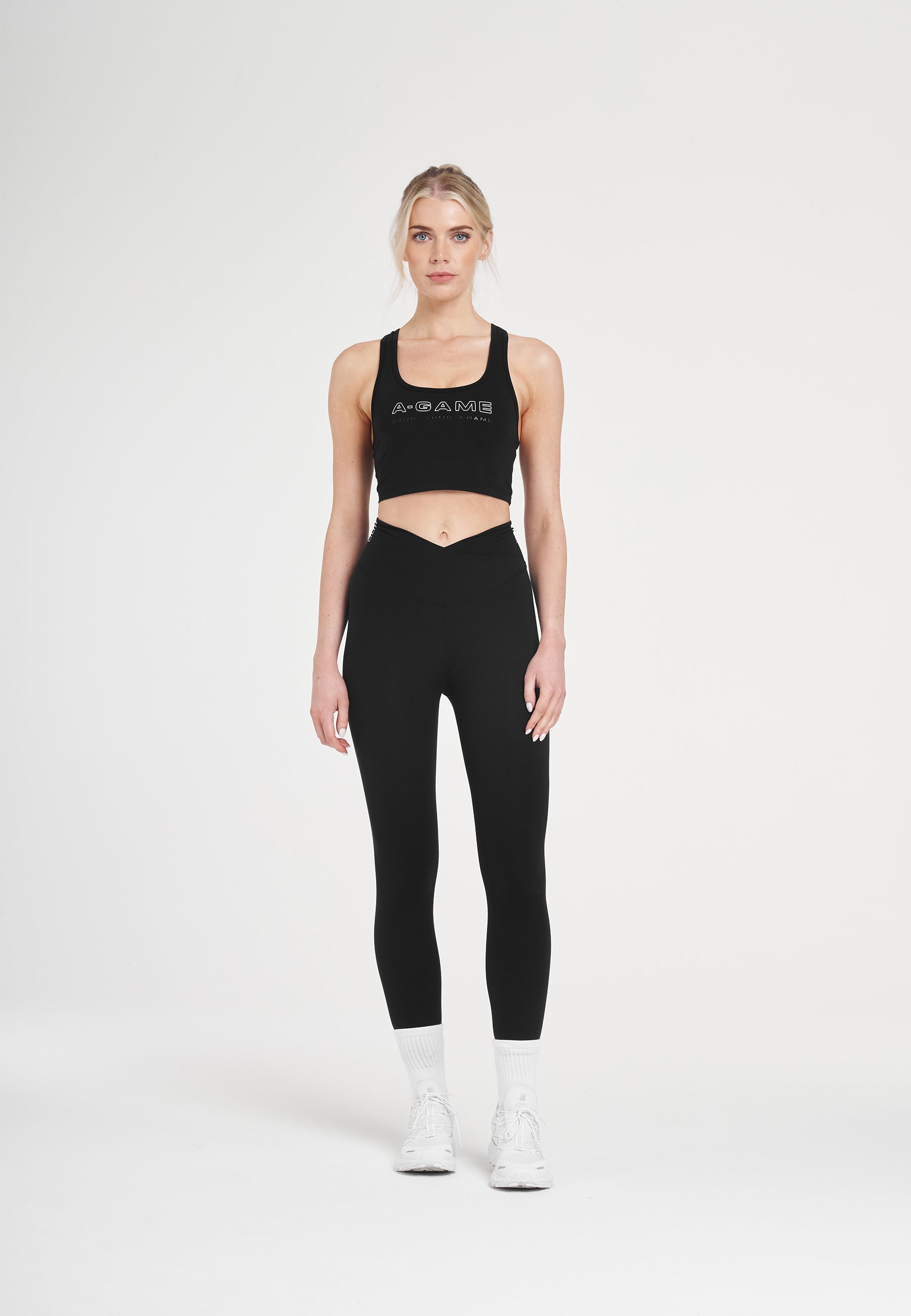 WOMENS A-GAME HIGH WAISTED WRAPPED YOGA LEGGINGS - BLACK