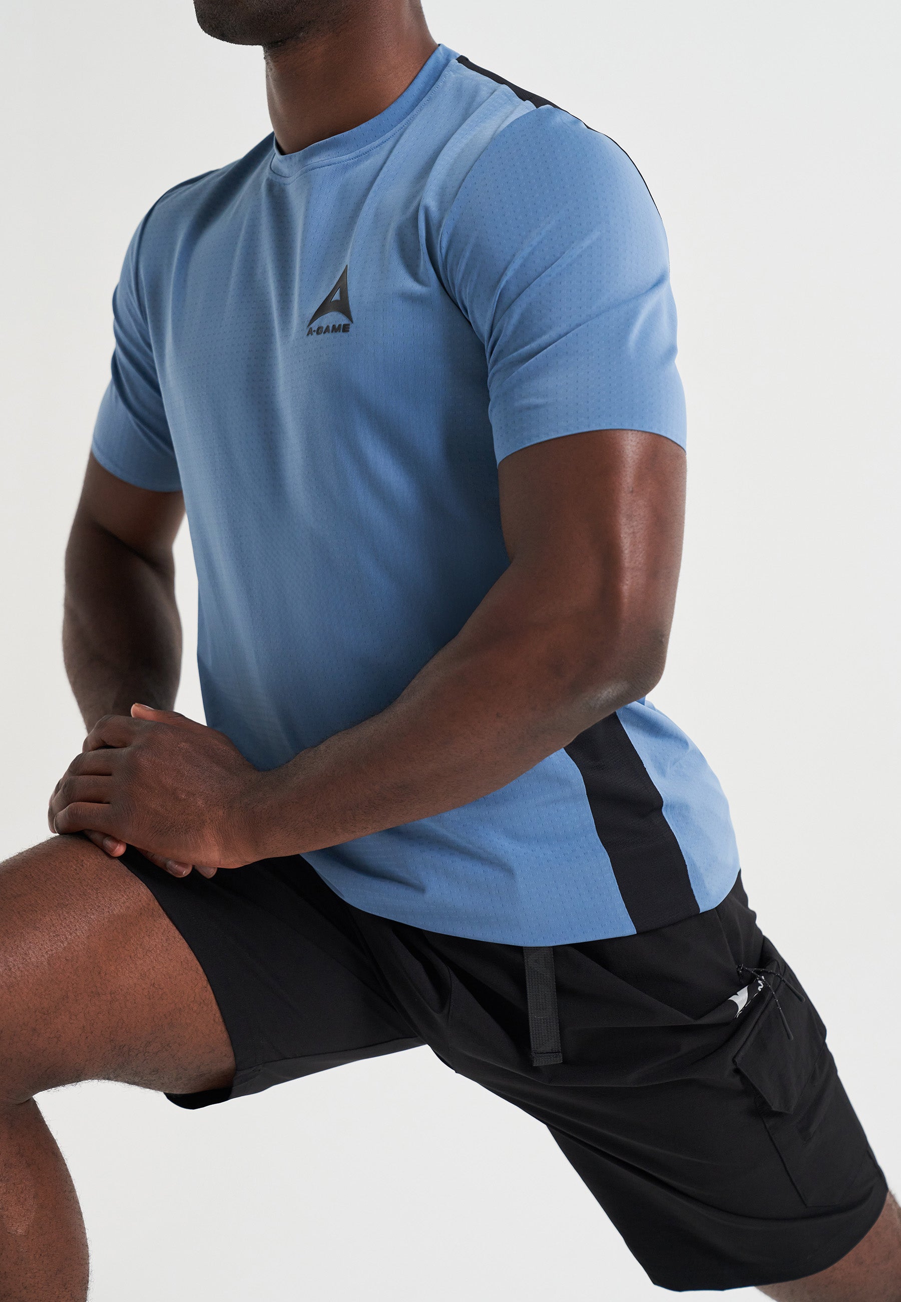 MENS A-GAME PANELLED TRAINING T-SHIRT - OCEAN BLUE/BLACK