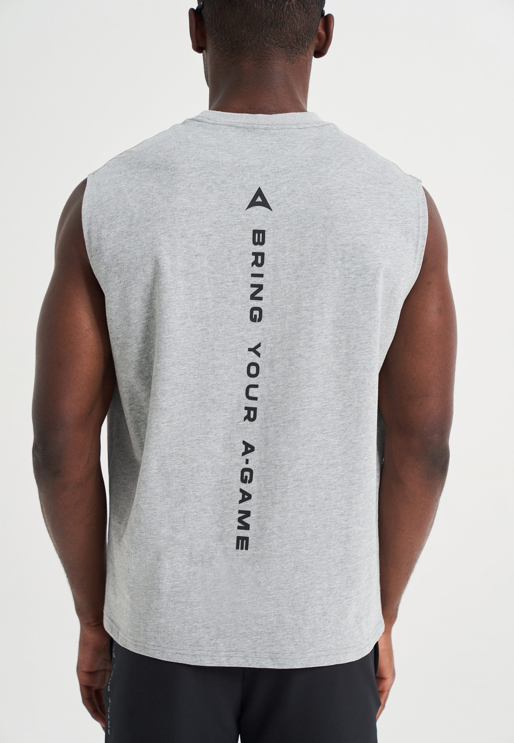 MENS BRING YOUR A-GAME GRAPHIC SLEEVELESS T-SHIRT - GREY MARL