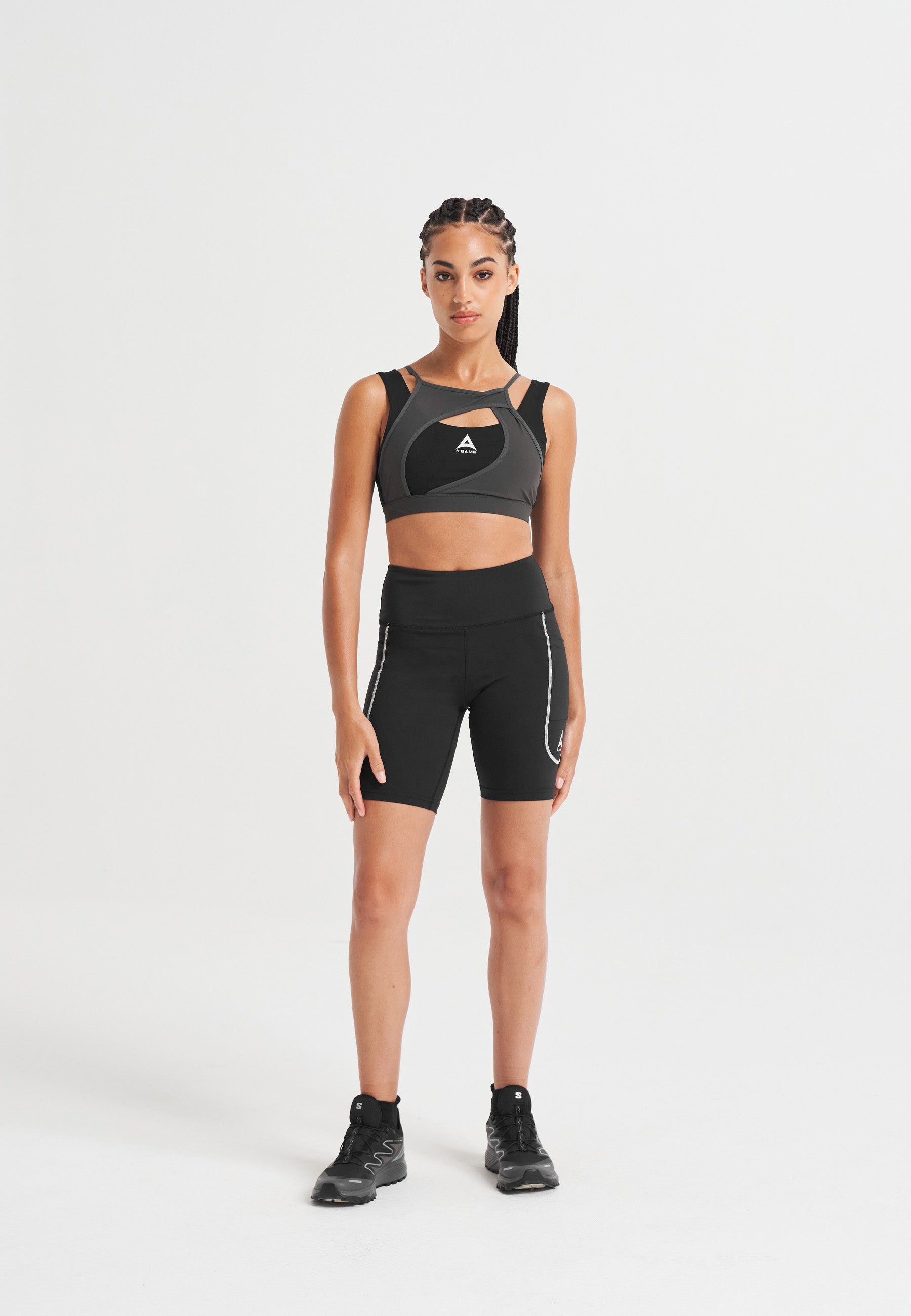 WOMENS A-GAME LAYERED SPORTS BRA - BLACK/ASPHALT