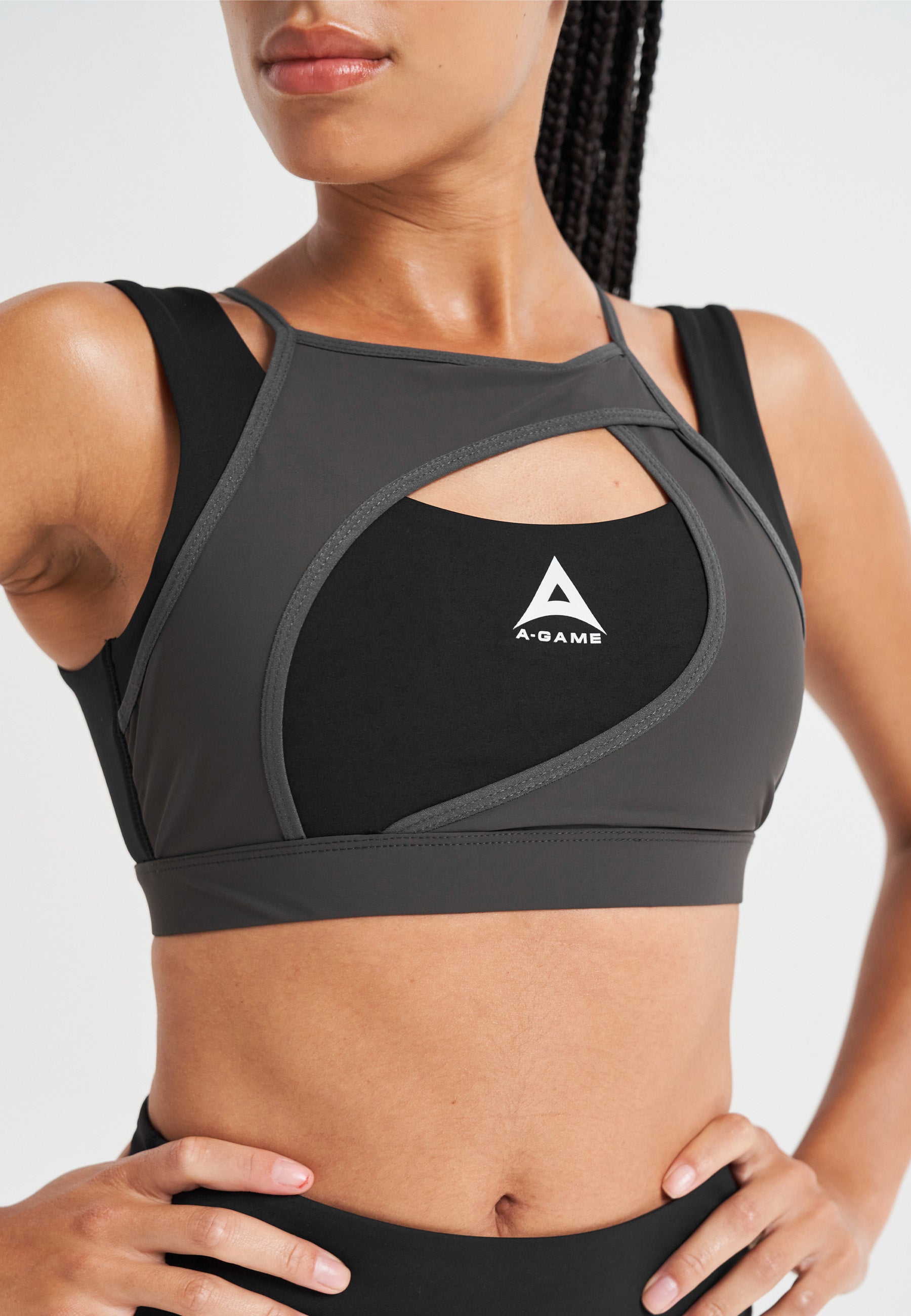 WOMENS A-GAME LAYERED SPORTS BRA - BLACK/ASPHALT