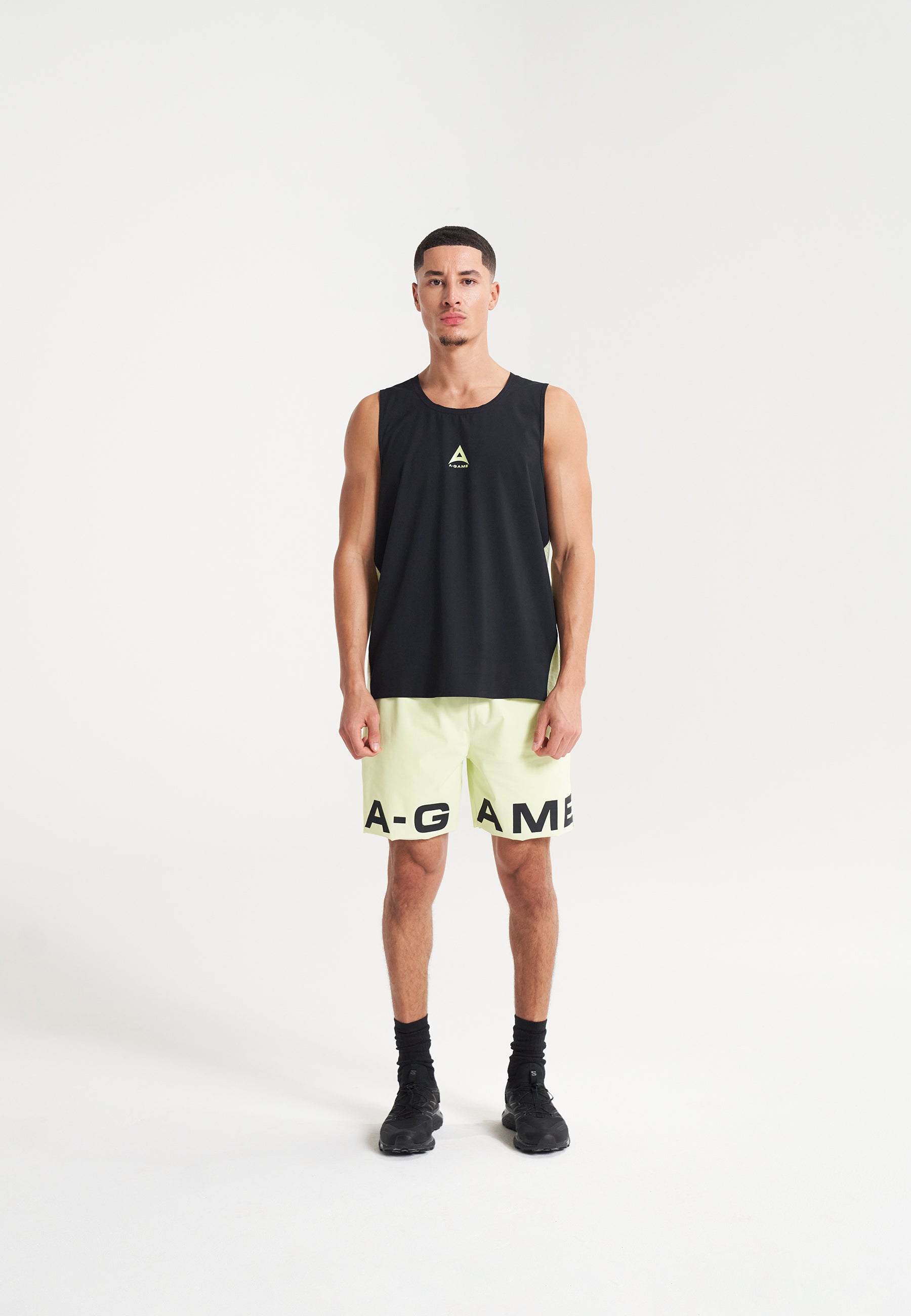 MENS A-GAME 2 IN 1 TRAINING SHORTS - LIME/BLACK/WHITE