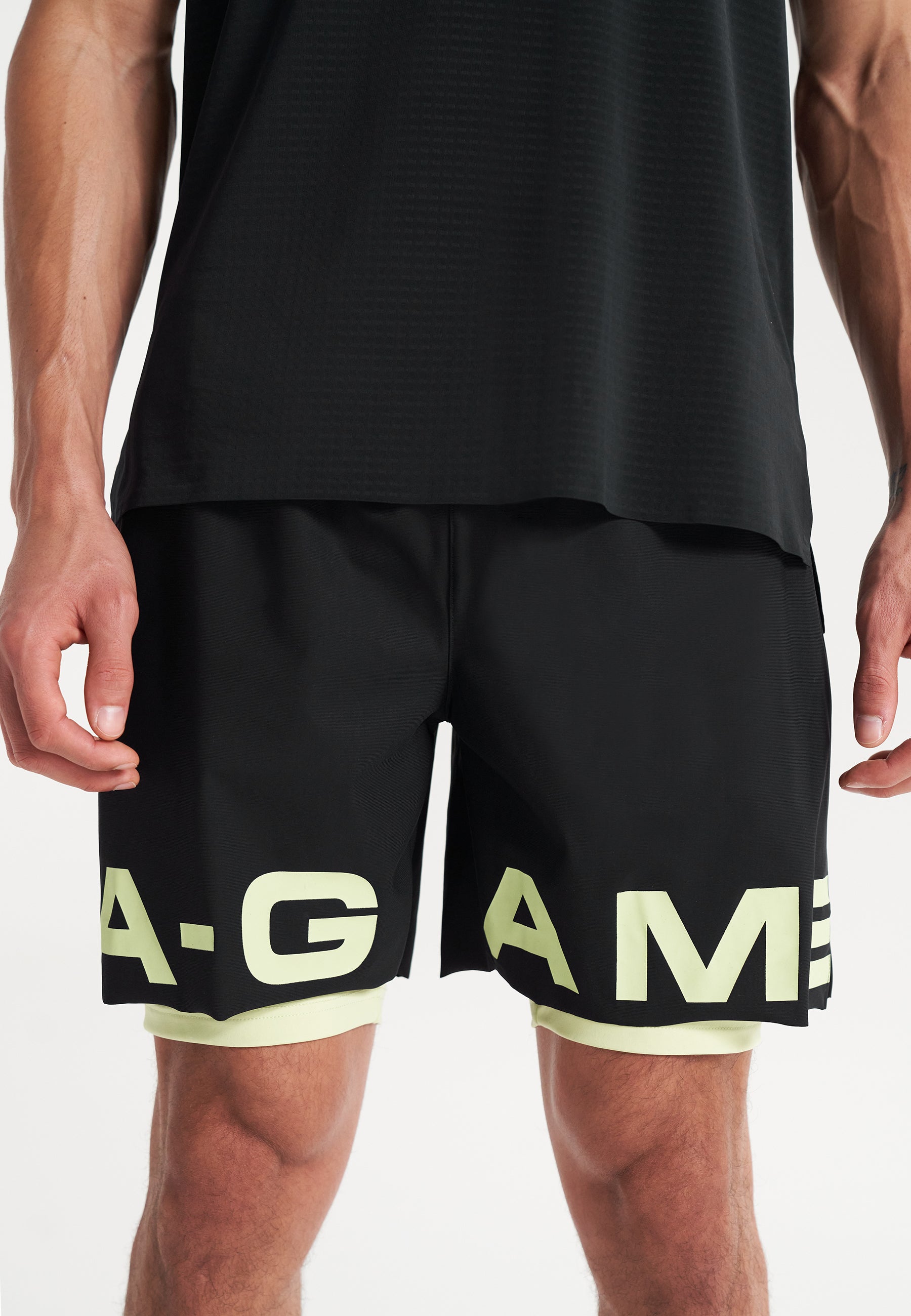 MENS A-GAME 2 IN 1 TRAINING SHORTS - BLACK/LIME