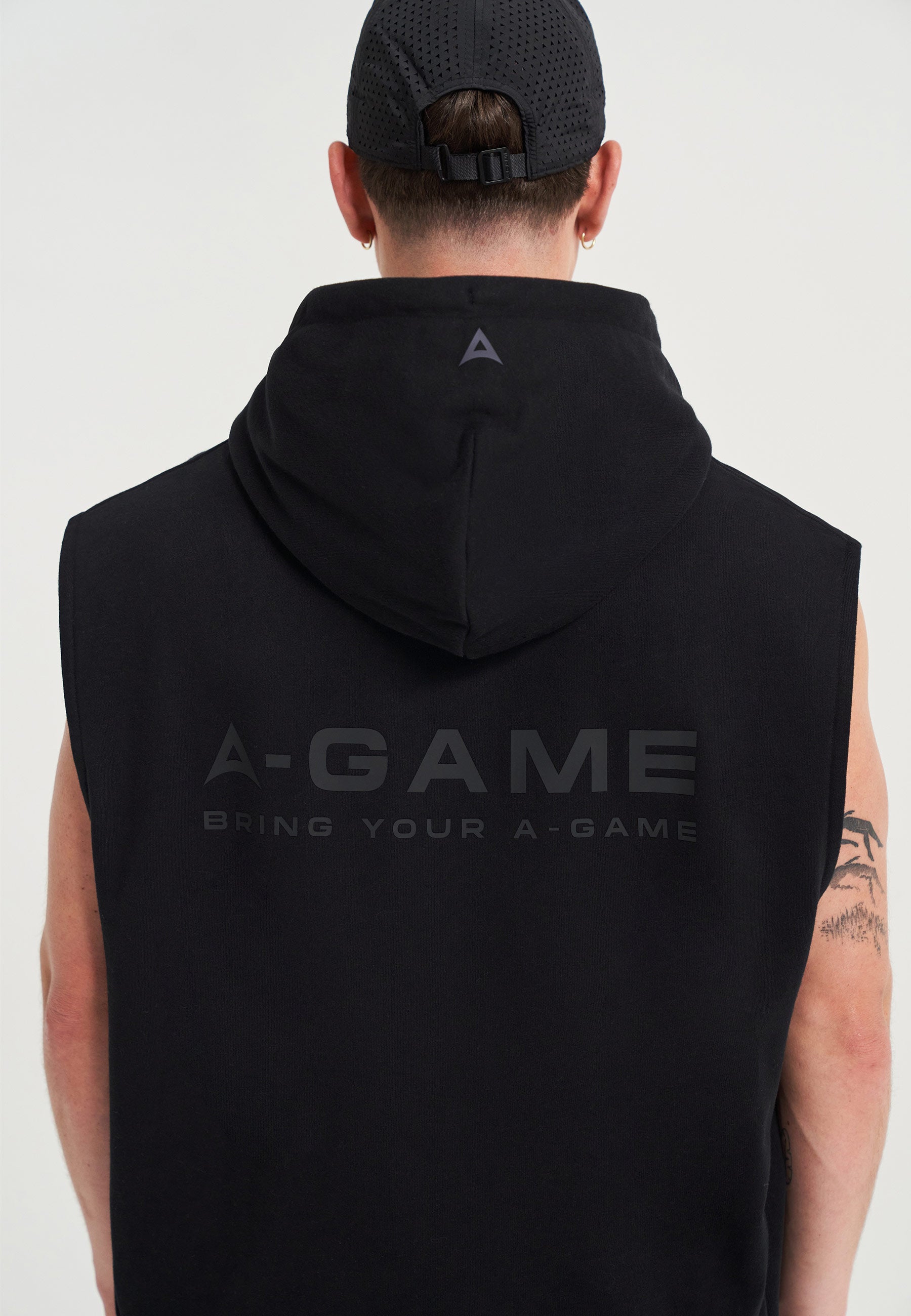 MENS A-GAME LOGO GRAPHIC SLEEVELESS HOODIE - BLACK
