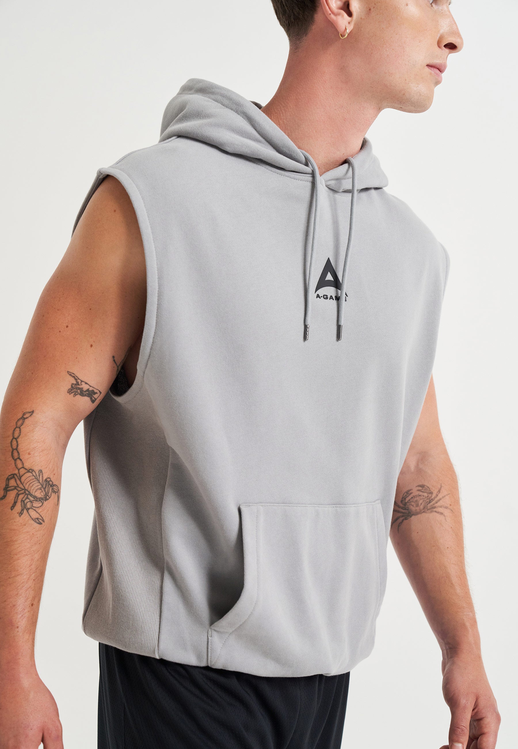 MENS A-GAME LOGO GRAPHIC SLEEVELESS HOODIE - STEEL GREY