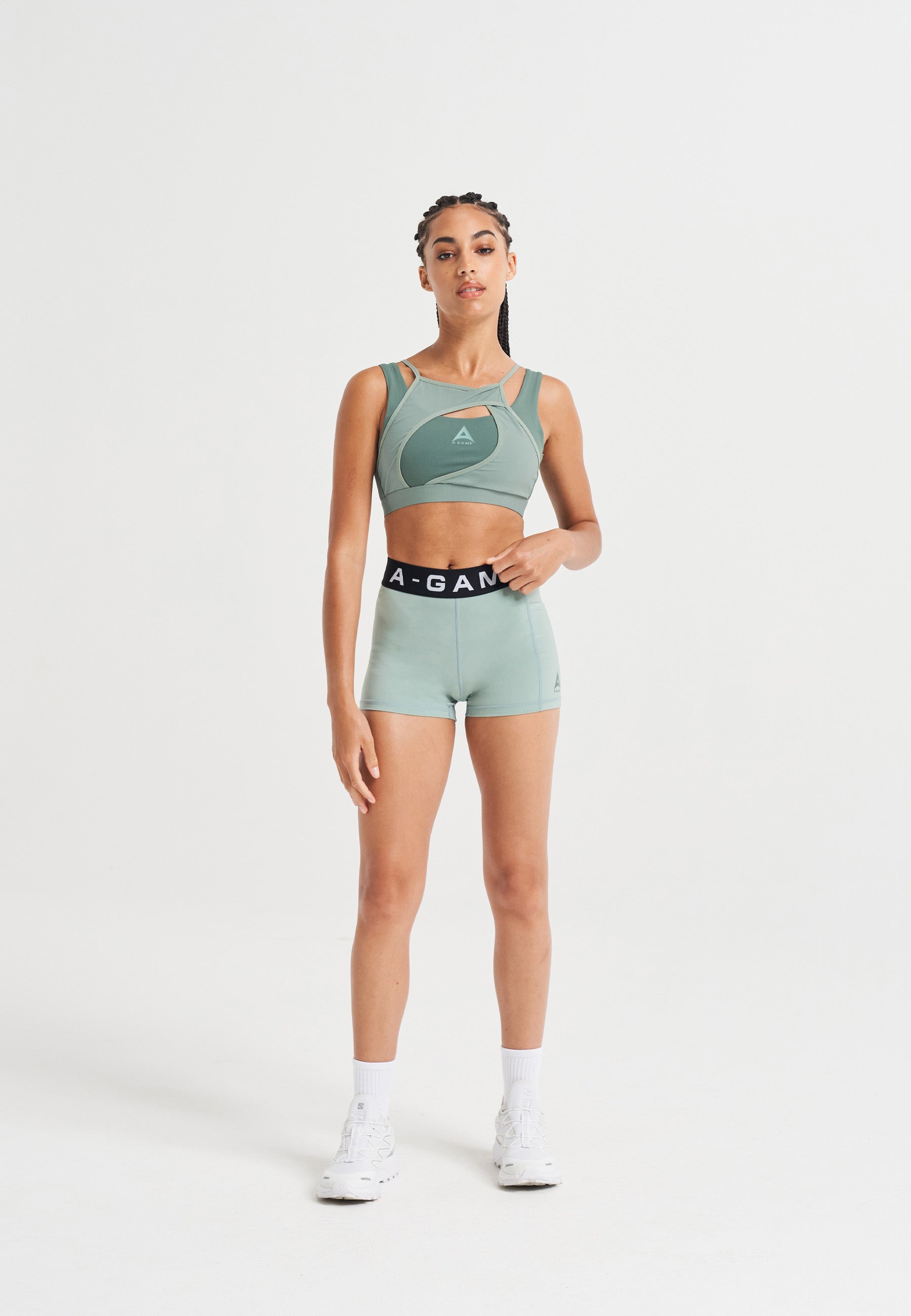 WOMENS A-GAME LOGO TRAINING CROPPED SHORTS - SAGE GREEN