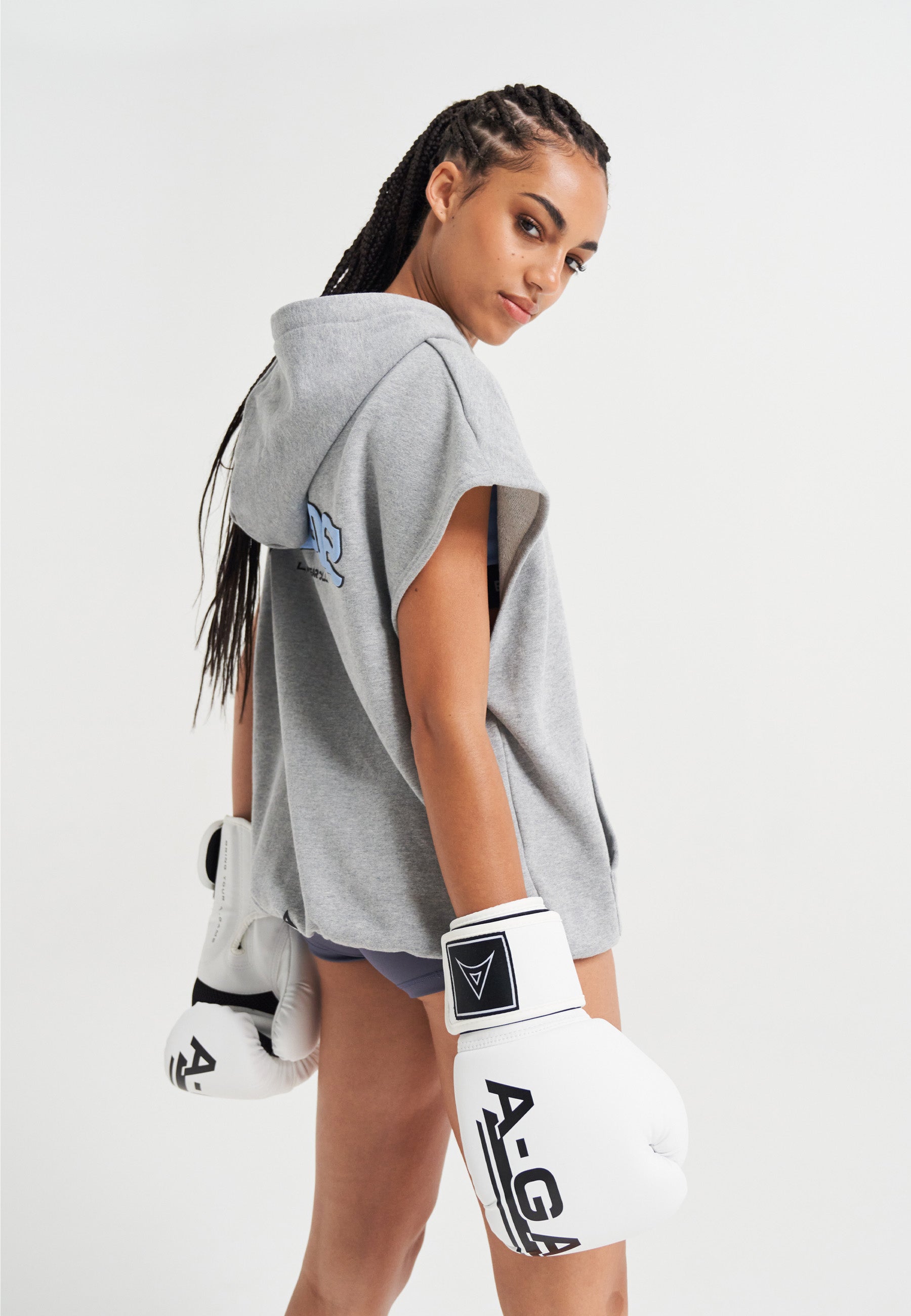 WOMENS A-GAME ROTATE LOGO CROPPED SLEEVELESS HOODIE - GREY MARL