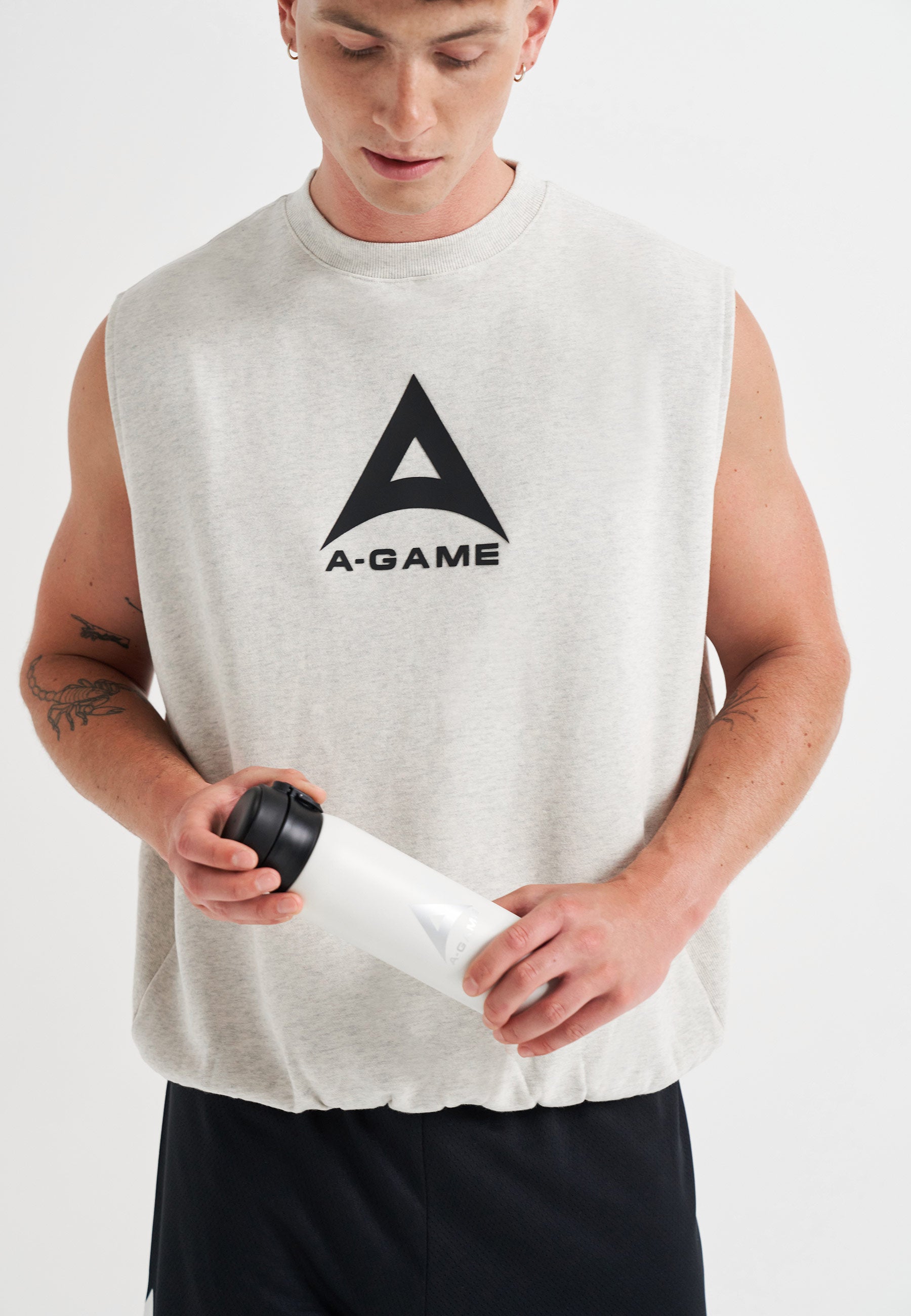 MENS BRING YOUR A-GAME GRAPHIC SLEEVELESS SWEATSHIRT - SNOW MARL