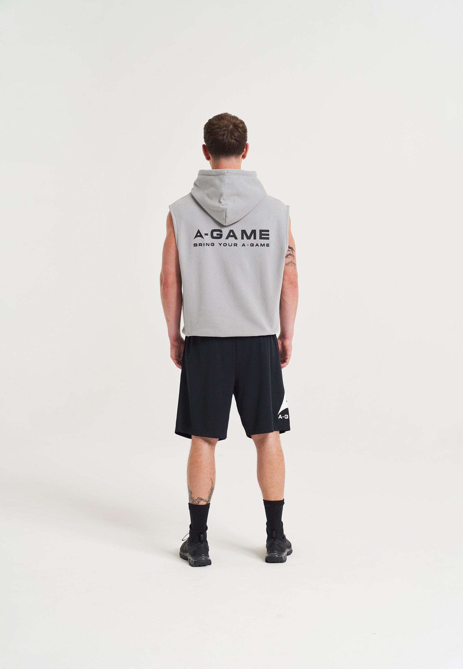 MENS A-GAME LOGO GRAPHIC SLEEVELESS HOODIE - STEEL GREY
