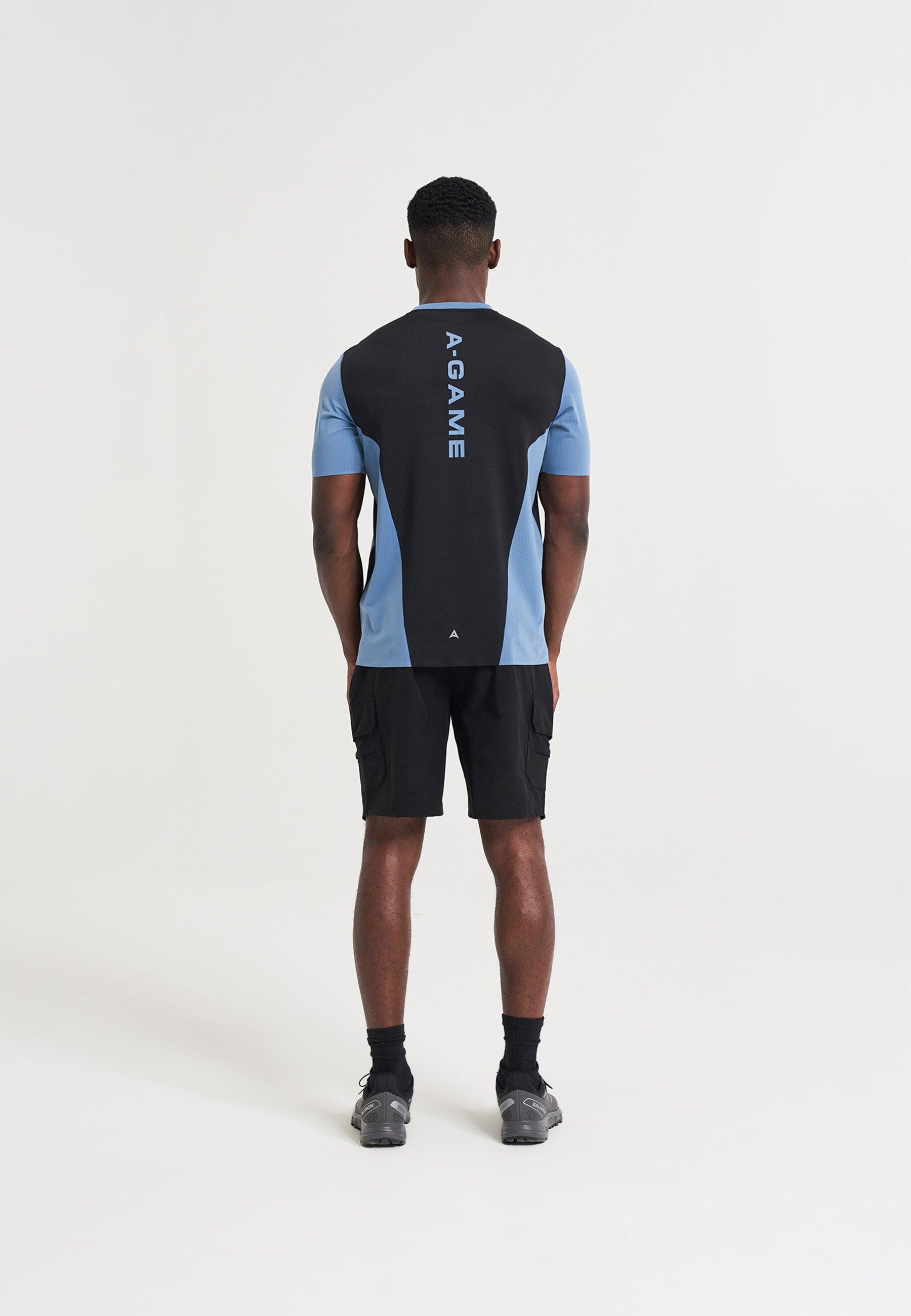 MENS A-GAME PANELLED TRAINING T-SHIRT - OCEAN BLUE/BLACK
