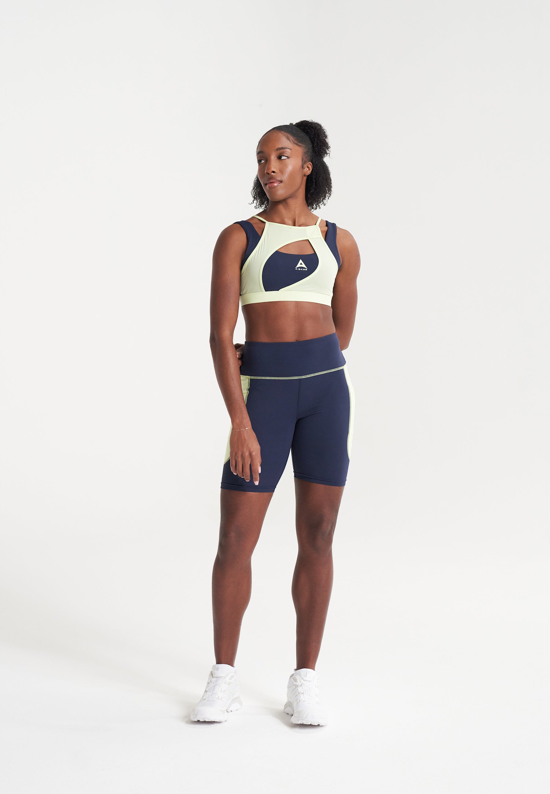 WOMENS A-GAME LAYERED SPORTS BRAS - NAVY/LIME