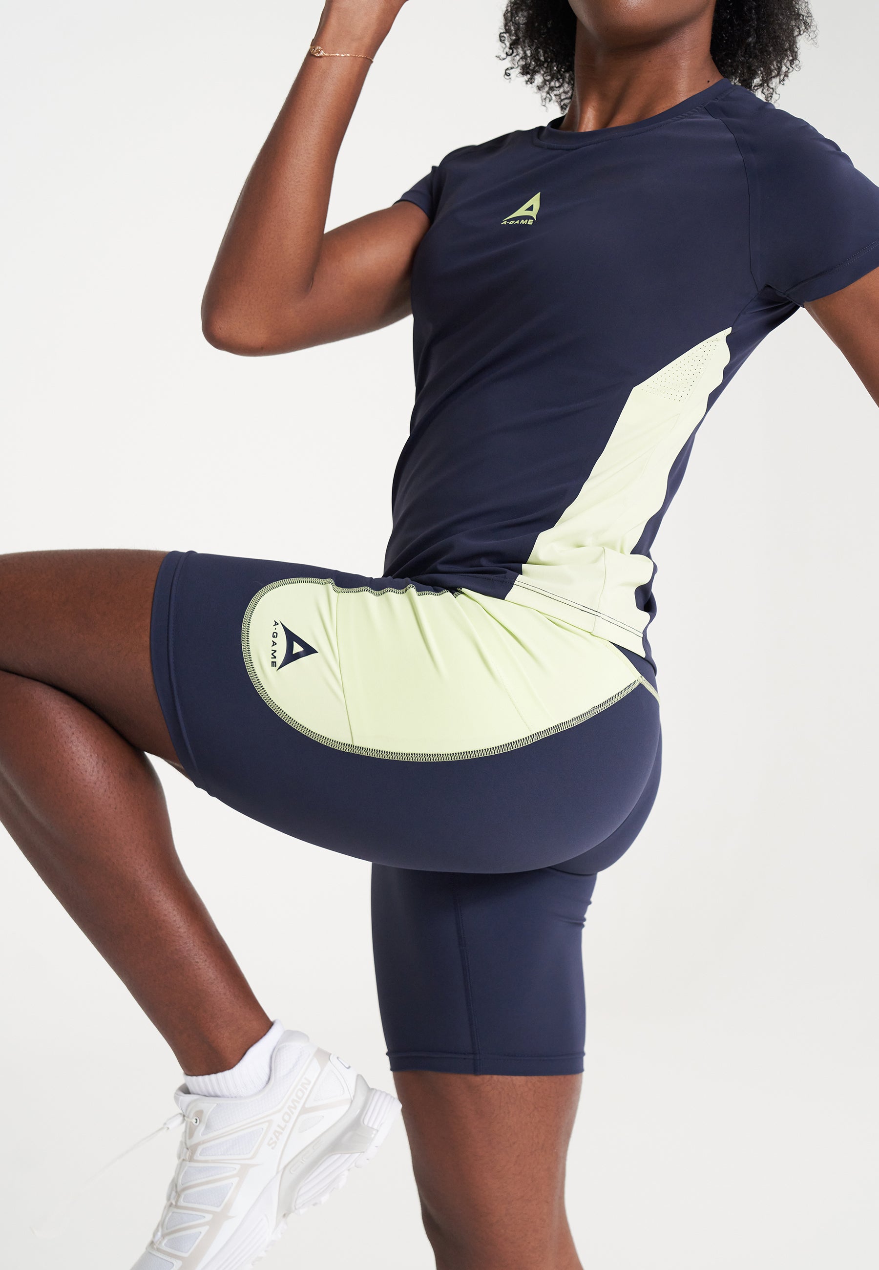 WOMENS A-GAME SHORT SLEEVE TRAINING T-SHIRT - NAVY/LIME