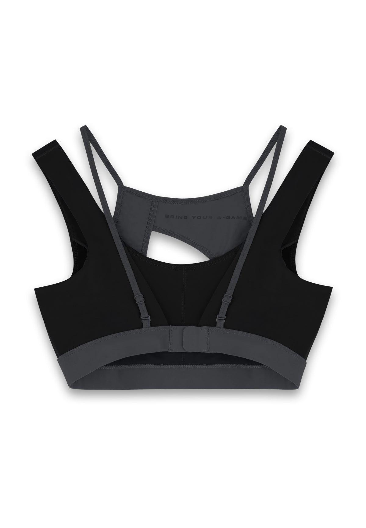 WOMENS A-GAME LAYERED SPORTS BRA - BLACK/ASPHALT