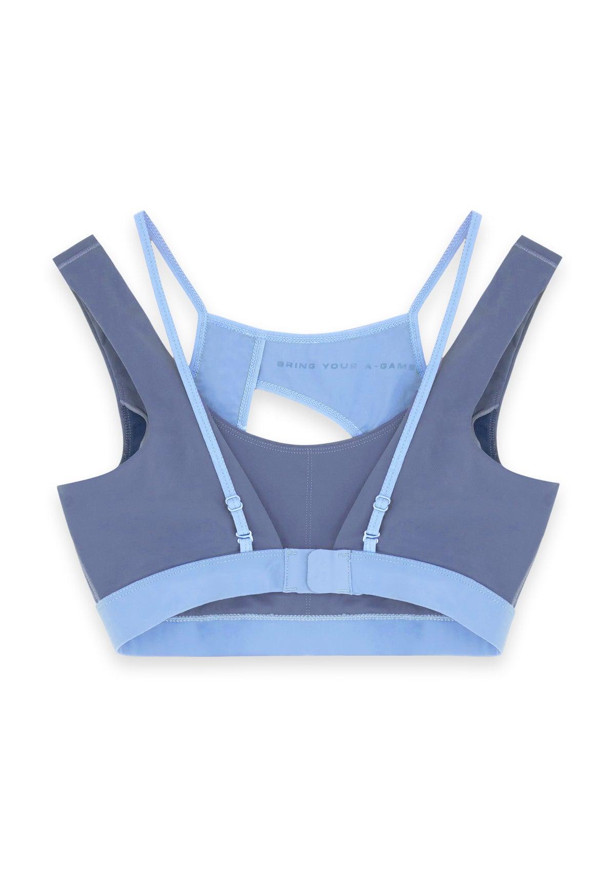 WOMENS A-GAME LAYERED SPORTS BRA - CROWN BLUE/OPEN AIR