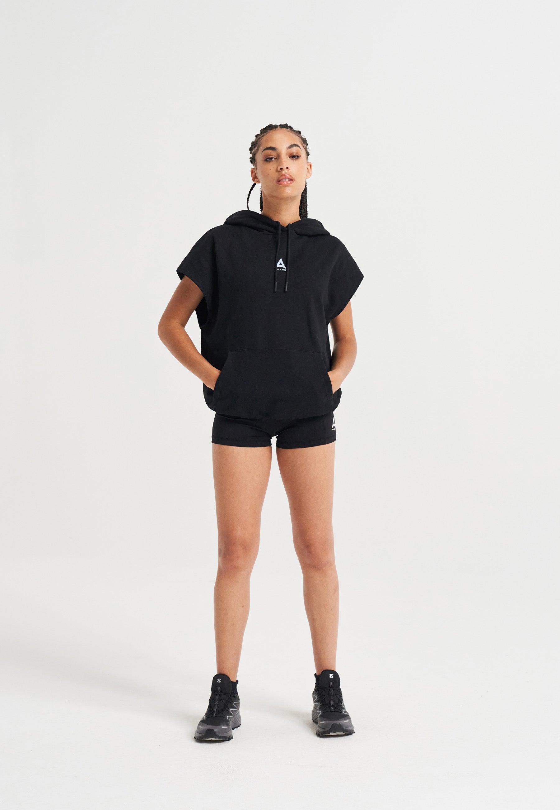 WOMENS A-GAME ROTATE LOGO CROPPED SLEEVELESS HOODIE - BLACK