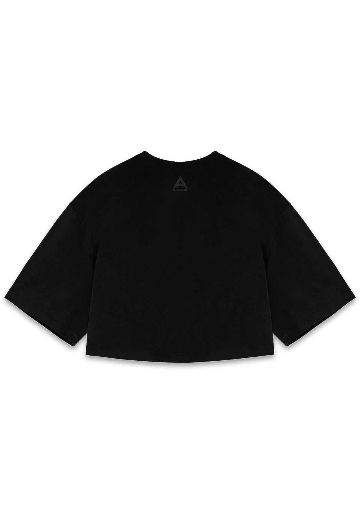 WOMENS A-GAME ROTATE LOGO RELAXED CROPPED T-SHIRT - BLACK