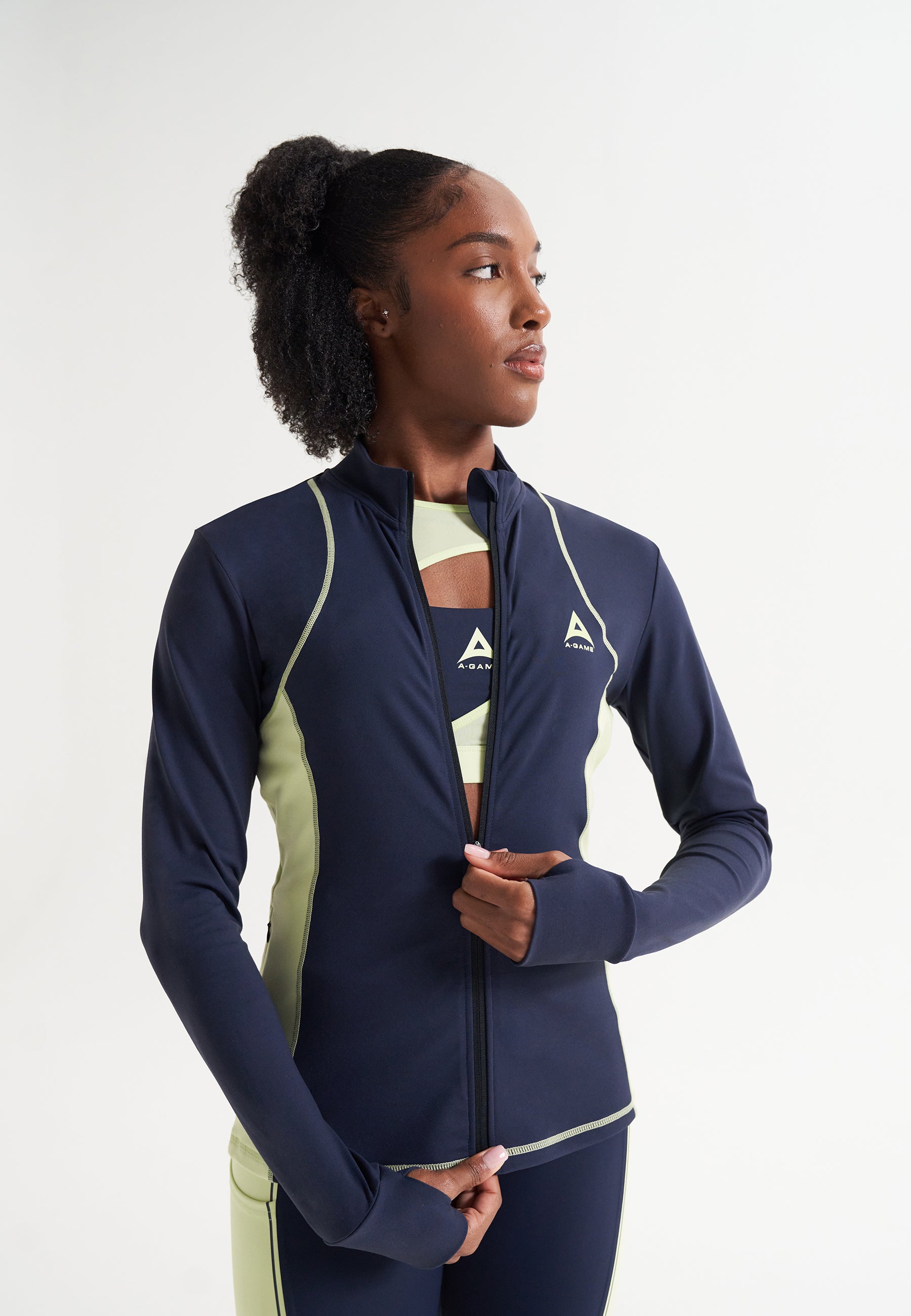 WOMENS A-GAME FITTED THERMAL FLEECE - NAVY/LIME
